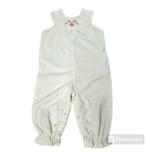 Vintage 80s 90s Pastel Yellow Striped Pink Heart Embroidery Baby Overalls